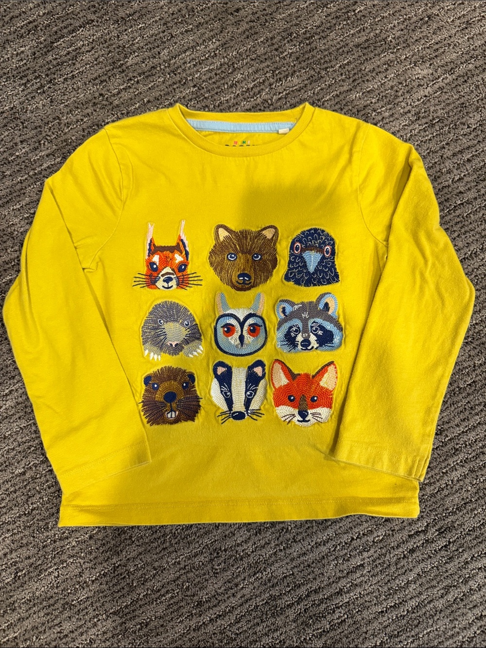 Mini Boden Yellow Long-Sleeve Tee with Embroidered Forest Animal Faces